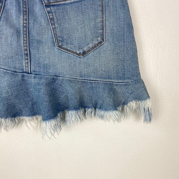 Blank NYC Frayed Hem Mini Skirt Denim Ruffle Raw Hem Asymmetrical Jean Skirt 26 - Picture 9 of 14